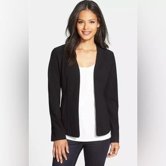 Eileen Fisher Angle Front Jacket Cardigan Ponte Leather Trim Asymmetric Black XS - Picture 2 of 16